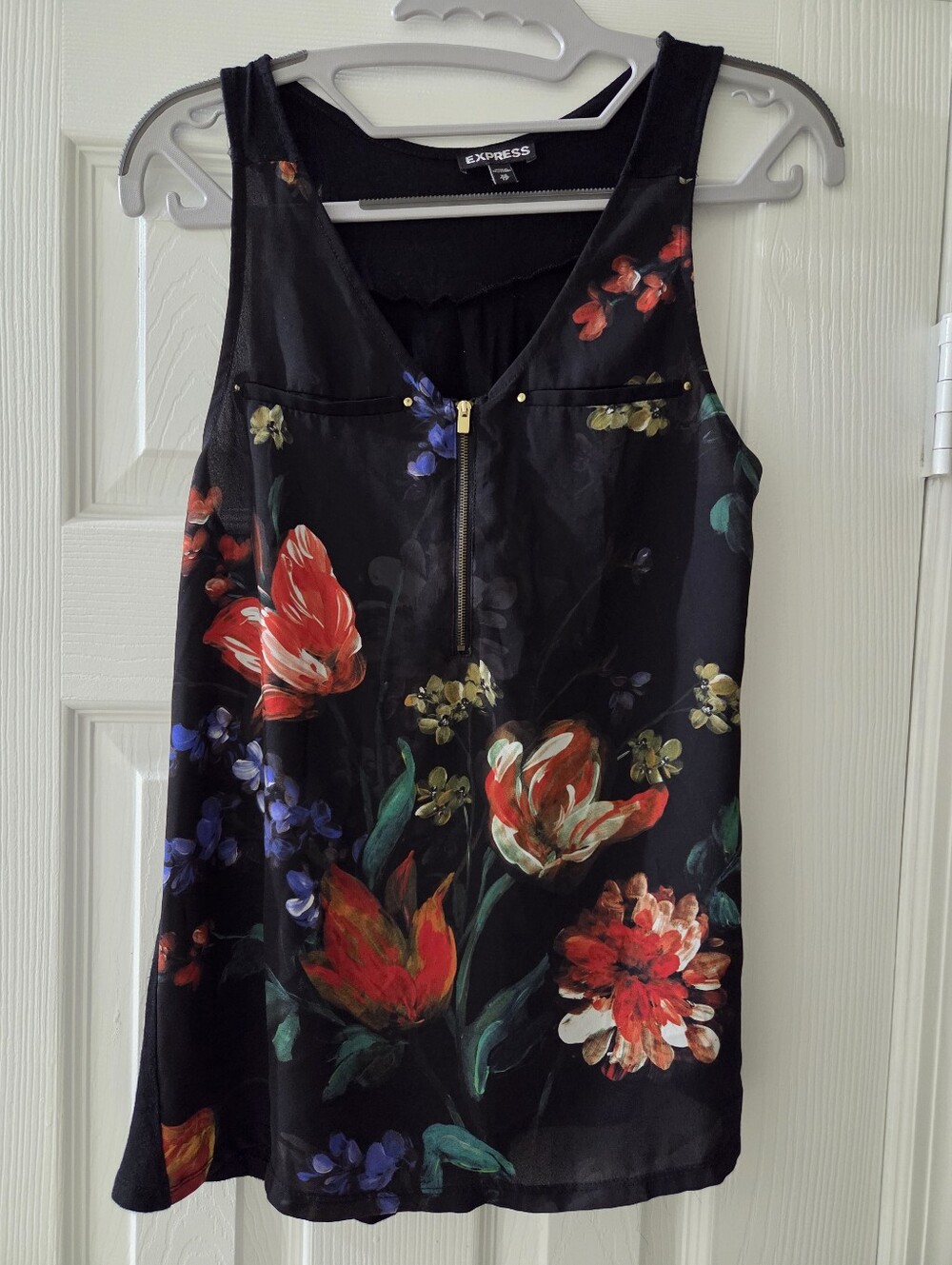 Express Black Floral Tank Top with Red, Green and Blue Accents